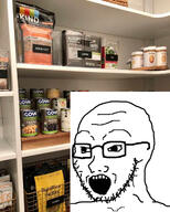 basket beans bug can coffee food food_storage glasses irl_background open_mouth pantry peanut_butter soy soyjak soylent stubble tea variant:soyak // 1080x1350 // 210.4KB