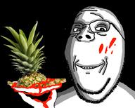 black_background blood cannibalism food fruit glasses hand holding_object ominous partially-severed_head pineapple smile soyjak stubble subvariant:wholesome_soyjak variant:gapejak // 1000x800 // 223.4KB