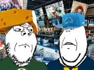 2soyjaks bar cheese closed_mouth clothes football frown glasses hat irl_background small_eyes soyjak stubble subvariant:michijak subvariant:wholesome_soyjak variant:gapejak // 828x616 // 184.5KB