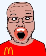 bald black_sclera glasses lips logo mcdonalds mutt mutt_lips open_mouth red_shirt soyjak stubble teeth transparent_background variant:usb_soyjak // 223x274 // 4.0KB