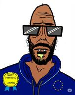 artist:unknown award beard brown_skin buck_tooth drool euromutt european european_union flag flag:european_union glasses half_open_mouth meta:ai_generated most_obsessed_faggot_award mutt neutral series:muttverse shitskin star_(symbol) subvariant:euromutt sweater variant:markiplier_soyjak // 810x1024 // 123.9KB