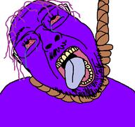 ack bloodshot_eyes crying death glasses hair hanging looking_up mustache noose open_mouth purple purple_hair purple_skin rope series:gigachadhero's_colorful_troonjaks soyjak stubble suicide tongue tongue_out tranny variant:bernd white_background yellow_teeth // 768x719 // 29.8KB
