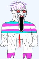 angry blood clothes crying glasses glowing hairy neovagina open_mouth purple_hair soyjak stretched_mouth tranny tshirt variant:soyak // 688x1033 // 108.9KB