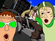 2soyjaks beat_(jsr) brown_hair captain_onishima city clothes eyelashes female gum_(jsr) gun hat headphones helmet jet_set_radio open_mouth police soyjak variant:two_pointing_soyjaks video_game white_skin yellow_hair // 777x582 // 95.1KB