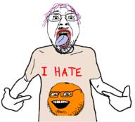 2soyjaks annoying_orange arm clothes food fruit glasses hair hand i_hate lipstick open_mouth orange orange_(fruit) pointing purple_hair smile soyjak stubble tongue tranny tshirt variant:bernd variant:oranjak yellow_teeth // 1000x905 // 264.1KB