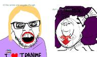 2soyjaks anime anti_anime arm badge bowtie clothes crazed crying glasses greentext hair hand heart holding_heart holding_object i_love makeup mask mustache open_mouth purple_hair smile soyjak stubble subvariant:wholesome_soyjak text tranny trans_rights variant:feraljak variant:gapejak yellow_hair // 1200x704 // 498.9KB