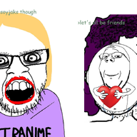 2soyjaks anime anti_anime arm badge bowtie clothes crazed crying glasses greentext hair hand heart holding_heart holding_object i_love makeup mask mustache open_mouth purple_hair smile soyjak stubble subvariant:wholesome_soyjak text tranny trans_rights variant:feraljak variant:gapejak yellow_hair // 1200x704 // 498.9KB