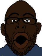 black_skin clothes ear glasses open_mouth soyjak stubble subvariant:hellnojak variant:nojak // 371x497 // 8.8KB