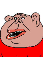 alternate amerimutt black_sclera brown_skin clothes ear fat lips mutt open_mouth red_shirt soyjak subvariant:impish_amerimutt subvariant:okynnig variant:impish_soyak_ears // 598x800 // 64.5KB