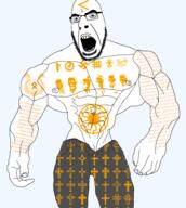 angry arm bible buff clothes fascism full_body gigachad glasses grey hand iron_cross leg nazism open_mouth orangetext sonnenrad soyjak stubble swastika text variant:cobson // 859x960 // 301.2KB