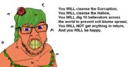 Dryad_(Terraria) angry bug clenched_teeth closed_mouth fly glasses green_hair hair hair_ornament leaf mustache purple_eyes rose soyjak stubble tan_skin terraria text variant:feraljak video_game vine yellow_teeth you_will // 1000x500 // 22.4KB