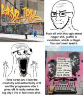 2soyjaks arm art city concerned eyes_popping frown glasses graffiti hand hands_up open_mouth racism soyjak street stubble subvariant:waow text tongue variant:soyak waow yellow_teeth // 1050x1196 // 1.5MB