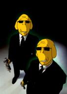 2soyjaks clothes full_body glasses glowing grin gun hand holding_gun holding_object janny looking_at_you men_in_black necktie smile stubble subvariant:wholesome_soyjak trend:glowie variant:gapejak // 710x1000 // 306.7KB