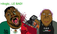 arm armor badge black_skin blood bloodshot_eyes brown_skin cartel chainsaw clothes country crime crying death flag glasses gore hair hand holding_chainsaw holding_object insane lipstick mexico murder mustache nails open_mouth painted_nails patch purple_hair red_lips soyjak stubble subvariant:chainsaw_bernd sweating text tranny variant:bernd variant:soyak yellow_teeth // 2589x1558 // 1.3MB