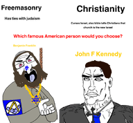 ack arm benjamin_franklin bloodshot_eyes blue_tie brown_hair christianity closed_mouth clothes cross freemasonry hair hand hebrew_text jewish_nose john_kennedy judaism necktie nose rope star_of_david subvariant:perceptive_chud suicide suit suit_and_tie text tongue variant:chudjak // 1463x1353 // 495.4KB