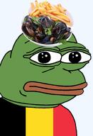 amphibian bald belgian belgium bowl closed_mouth clothes country europe european flag flag:belgium food french_fries fries frog green_skin irl lips looking_at_you moules_frites mussel nas:pepe neutral parsley pepe_the_frog potato series:pepe_hat shell tshirt // 1008x1479 // 511.0KB