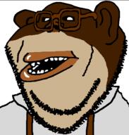amerimutt bobo_the_sharty_janny glasses janny monkey open_mouth soyjak stubble subvariant:impish_amerimutt suspenders variant:impish_soyak_ears // 598x628 // 45.5KB