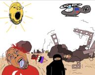 angry blood bloodshot_eyes brown_hair brown_skin closed_mouth clothes country crying destruction drawn_background earthquake flag glasses gore hair helicopter multiple_soyjaks open_mouth skirt soyjak stone stubble subvariant:wholesome_soyjak sun syria text turkiye variant:bernd variant:chudjak variant:feraljak variant:gapejak variant:soyak // 1532x1224 // 1.1MB