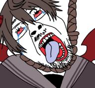 bloodshot_eyes brown_hair clothes crying funamusea glasses hair hanging horn open_mouth rope stubble tranny variant:bernd ver_million white_background wing // 450x417 // 19.0KB