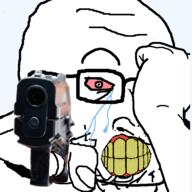 bloodshot_eyes crying gun hand_on_face holding_object pistol teeth variant:cryboy_soyjak yellow_teeth // 600x600 // 109.8KB