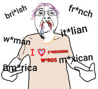 arm asterisk british censored clothes flag:nazi_germany france glasses hair hand heart i_love italy mexico mustache nazism open_mouth pointing purple_hair r_196 racism safe_edgy smile soyjak stubble subvariant:teutonson tranny trend:aryan tshirt united_states variant:bernd variant:cobson variant:shirtjak woman yellow_hair // 1000x904 // 95.1KB