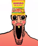clothes flavorjak glasses gradient haribo hat oh_my_god_she_is_so_attractive one_tooth open_mouth orange_skin red_skin soyjak stretched_mouth stubble sweet variant:markiplier_soyjak yellow_teeth // 900x1100 // 235.3KB