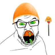 2soyjaks animal_abuse blood bug clothes cockroach dog ear food foodjak fruit glasses glowing gore green_eyes green_sclera hat impaled janny nsfl open_mouth orange_(fruit) orange_teeth red_eyes severed_head soyjak spear stubble variant:feraljak yellow_skin // 1500x1500 // 491.3KB