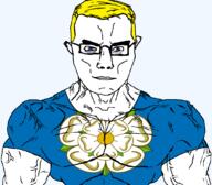 arm blue_eyes british buff closed_mouth clothes ear england eyes_like_the_o-o-cean flag flag:yorkshire flower glasses hair plant soyjak subvariant:chudjak_front subvariant:muscular_chud trend:aryan tshirt united_kingdom variant:chudjak vein white_rose_of_york yellow_hair yorkshire // 1059x929 // 181.9KB