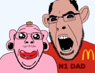 2soyjaks amerimutt angry balding brown_hair brown_skin closed_mouth ear glasses hair mcdonalds mustache oh_my_god_she_is_so_attractive open_mouth pink_skin pooner smile soyjak stubble variant:bernd variant:cobson // 964x745 // 376.7KB