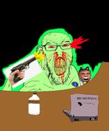 bbc_micro blood bloodshot_eyes bottle cat_ear computer desk doctor dr_fauci federal_bureau_of_investigation glowing glownigger gun laptop pistol soy soylent soylent_bottle trend:glowie variant:feraljak weapon // 1250x1500 // 449.6KB
