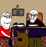 4soyjaks angry animal chair clothes dog ear food frame glasses holding_object meat pipe plate portrait smile soyjak steak stubble subvariant:wholesome_soyjak table variant:feraljak variant:gapejak // 387x401 // 80.1KB