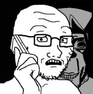 2soyjaks artist:bulgarian black_background clothes fnf_pedo friday_night_funkin' glasses grey_skin hair hand hat ominous open_mouth phone stubble subvariant:chudplier variant:markiplier_soyjak variant:soyak // 795x799 // 140.4KB