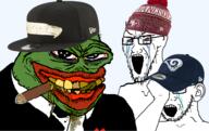 2soyjaks arm bloodshot_eyes bowtie cap cigar clothes crying drool ear football frog glasses green_skin hand hat logo los_angeles_rams open_mouth pepe san_francisco_49ers seattle_seahawks smile soyjak stinky stretched_mouth stubble tongue tuxedo variant:soyak yellow_teeth // 1589x1001 // 1.2MB