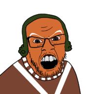 charlie_and_the_chocolate_factory clothes glasses green_hair hair mustache oompa_loompa open_mouth orange_skin red_eyes soyjak stubble variant:feraljak // 750x750 // 12.3KB