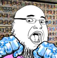 animated beard clothes fist funko_pop gem glasses irl_background open_mouth punch soyjak stubble variant:fatjak // 400x410 // 266.5KB