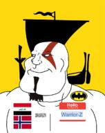 Nordland Warrior-Z(user) afghanistan arabic_text aryan batman batman_(series) beard blue_eyes buff closed_mouth county flag flag:iraq flag:nordland flag:norway flag:taliban goatee god_of_war hair hello_my_name_is_(sticker) iraq kratos norway shahada ship smile soyjak subvariant:mexiaryan taliban text variant:meximutt video_game // 886x1120 // 95.3KB