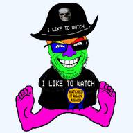 arm arms_crossed award clothes cuck foot full_body glasses grin hat i_like_to_watch incomprehensible_woahjack leg looking_at_you pirate pirate_hat schizo sitting skull smile subvariant:feralgrin text transparent_background trend:colorjak variant:feraljak wrinkles // 1024x1024 // 259.4KB