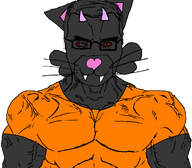 animal animal_ears animal_nose black_skin bloodshot_eyes cat closed_mouth ear eyebrows forced_meme furfag furnigger glibblezorpson_(fooey) grey_eyes grey_fur meta:actual_brimstone meta:leaky neck nose orange_shirt red_eyes subvariant:muscular_chud teeth variant:chudjak // 1059x929 // 108.7KB