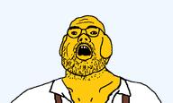 clothes dog ear glasses janny open_mouth soyjak stubble suspenders variant:jimsoy yellow_skin // 599x360 // 10.3KB