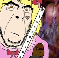 anime closed_mouth clothes glasses hair hat lambdadelta nsfw orange_eyes penis queen_of_spades ruler soyjak stubble tattoo tbp thrembo twp umineko variant:cobson video_game witch yellow_hair // 854x834 // 593.8KB