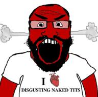 angry balding beard clothes fume glasses hair heart i_love open_mouth red_skin soyjak subvariant:science_lover text tshirt variant:markiplier_soyjak // 800x789 // 156.6KB