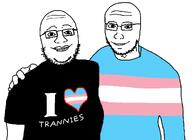 2soyjaks bald black_eyes black_glasses black_sclera black_shirt eyebrows eyeglasses eyes glasses hugging mouth mouth_open nose skin stubble tranny trans transgender_flag transheart troon two_soyjaks variant:unknown white_skin // 1104x806 // 25.7KB