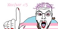 bloodshot_eyes finger glasses hand lipstick open_mouth pointing_up pronouns purple_hair stubble tranny variant:pointjak // 500x250 // 19.9KB