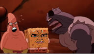 2soyjaks angry arm bloodshot_eyes closed_mouth clothes glasses grey_skin mustache open_mouth patrick_star pink_skin spongebob_squarepants subvariant:chudjak_front variant:chudjak variant:feraljak yellow_skin // 1125x653 // 457.5KB
