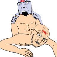 2soyjaks 4chan angry arm blue blue_skin facial_mark forehead_mark gay glasses hand holding_object impact_font nsfw open_mouth prostration qa_(4chan) s4s_(4chan) scared soyjak stubble subvariant:soyak_(concerned) text variant:cobson variant:soyak white_skin // 1000x1000 // 3.8MB
