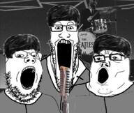 3soyjaks clothes drum_set gigachad glasses hair irl_background microphone music nas:gigachad open_mouth soyjak stretched_mouth stubble the_beatles trend:soyjak_trio variant:gapejak variant:markiplier_soyjak variant:tony_soprano_soyjak // 750x632 // 343.9KB
