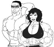arm big_breasts bra buff closed_mouth couple doomer_girl female full_body glasses hair looking_to_the_left muscles muscular_female muscular_male smile subvariant:perceptive_chud track_suit unbothered variant:chudjak wojak // 1606x1403 // 572.3KB