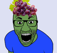clothes food foodjak frog fruit glasses grape green_skin open_mouth pepe soyjak stubble tshirt variant:el_perro_rabioso // 427x400 // 116.3KB