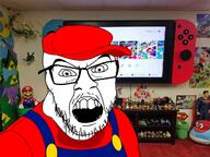 angry cap clothes glasses hat irl_background mustache nintendo nintendo_switch open_mouth soyjak stubble toy variant:feraljak video_game // 640x480 // 356.1KB