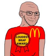 amerimutt award brap chud_(boorufag) chud_(soybooru) mcdonalds mutt red_shirt smug standing variant:soyak // 548x600 // 41.7KB